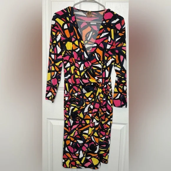 Anne Klein Size L Colorful Abstract Print Faux Wrap Dress Long Sleeve - Picture 2 of 3